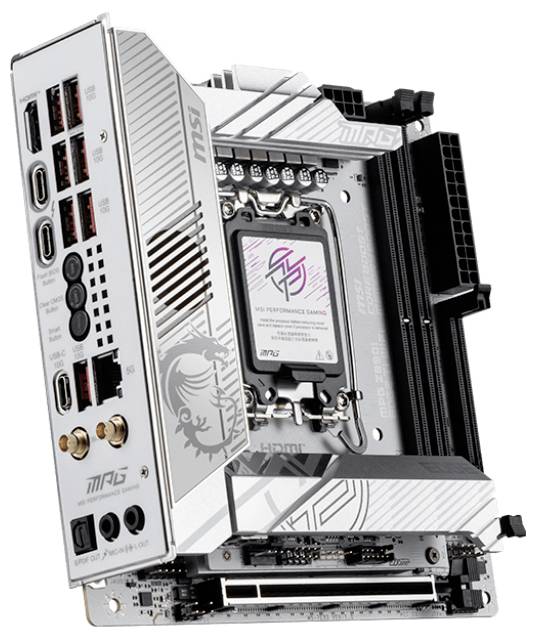 Een verticaal geplaatst computermoederbord met verschillende aansluitingen en het logo van een fabrikant. Het toont een high-performance ontwerp.