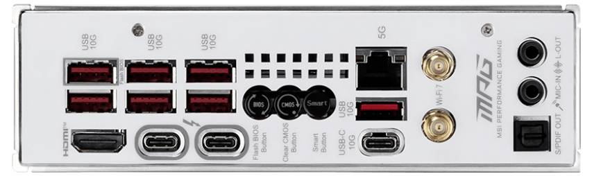Achterkant van een computer-moederbord met HDMI-, USB- en audio-aansluitingen. Toont connectiviteitsopties voor randapparatuur.