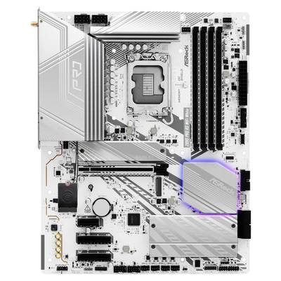 Een computer-moederbord in ATX-formaat met verschillende uitbreidingssleuven en aansluitingen, waaronder PCIe-sleuven, RAM-banken en USB-headers.