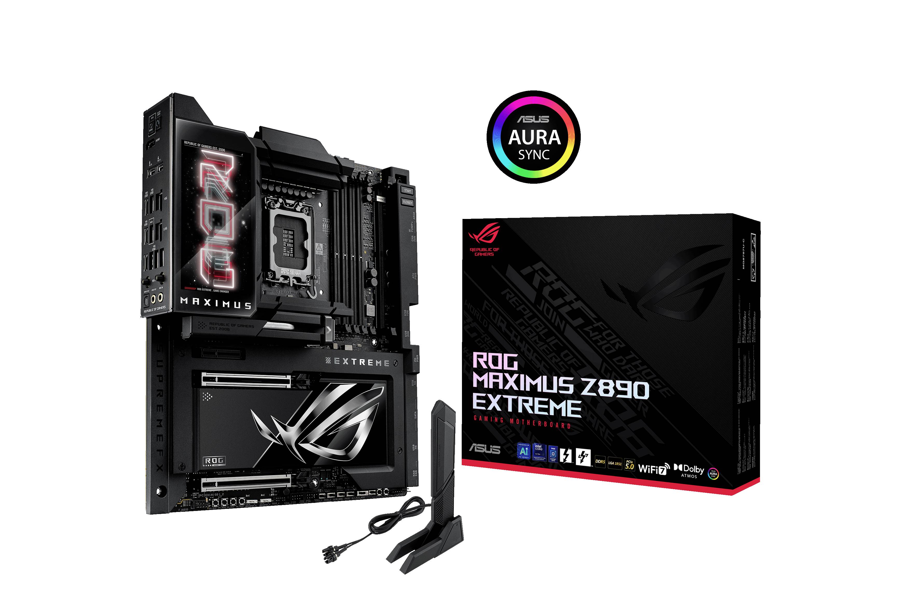 'ROG Maximus Z690 Extreme'-moederbord met verpakking en antennes; ondersteunt ASUS Aura-Sync-technologie.
