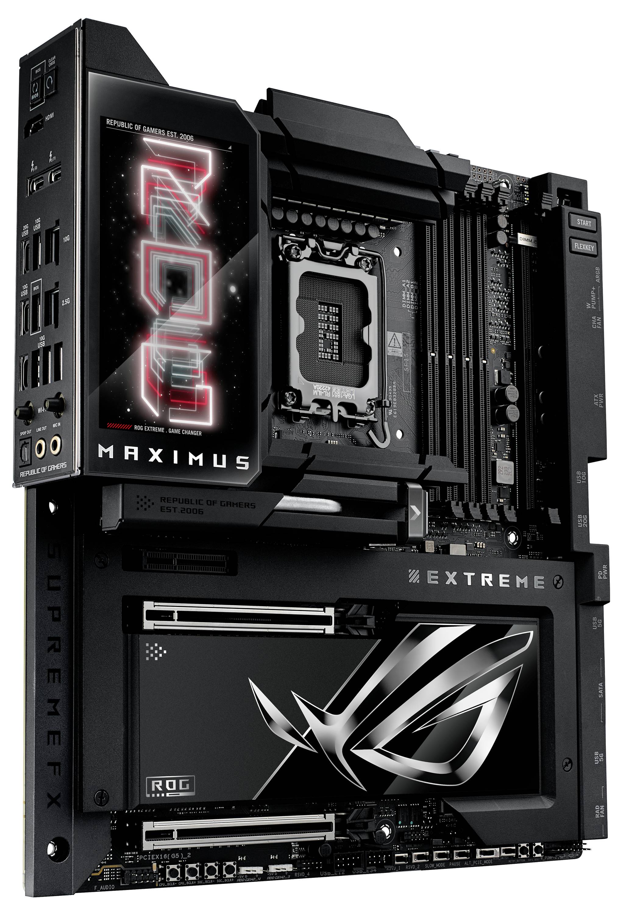 Een computermotherboard met de opschriften 'ROG Maximus' en 'Extreme', ontworpen voor gaming en high-performance.