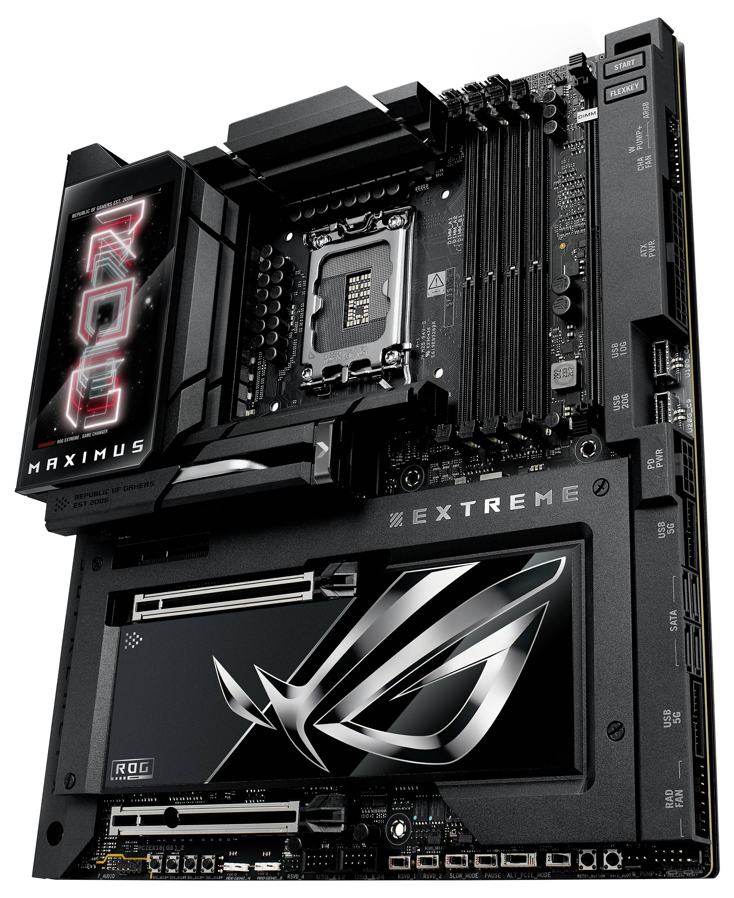 Een gaming-moederbord met het label 'ROG Maximus Extreme', toont meerdere sleuven voor RAM en PCIe, geschikt voor high-performance pc's.
