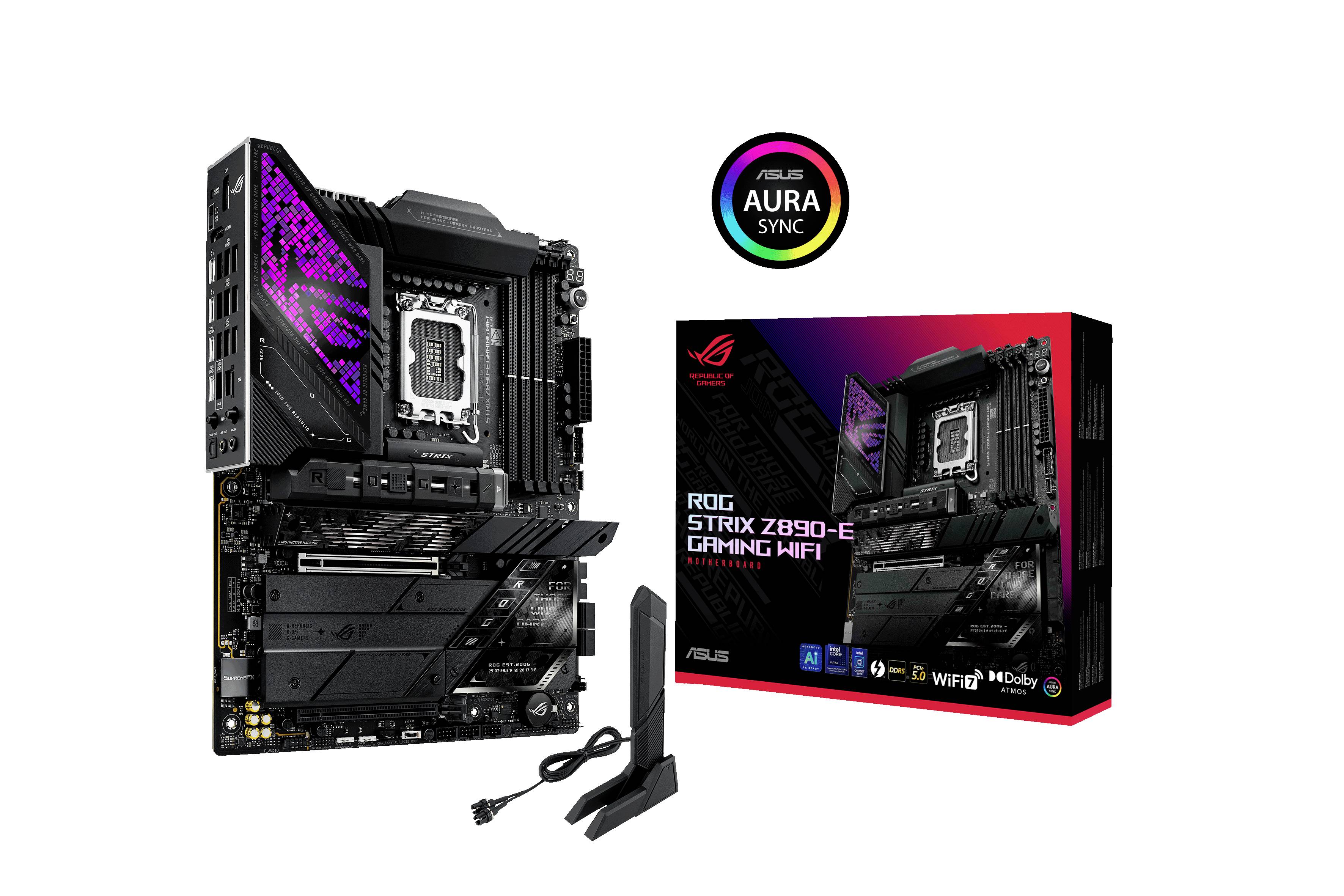 'ASUS ROG STRIX Z690-E Gaming Moederbord' met Aura Sync-functie, afgebeeld naast de verpakking, weergegeven op een witte achtergrond.