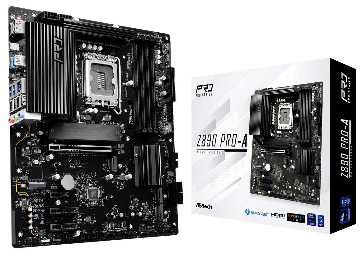 Een ASRock Z890 PRO-A moederbord, getoond naast zijn verpakking. De verpakking toont hetzelfde moederbord-ontwerp.