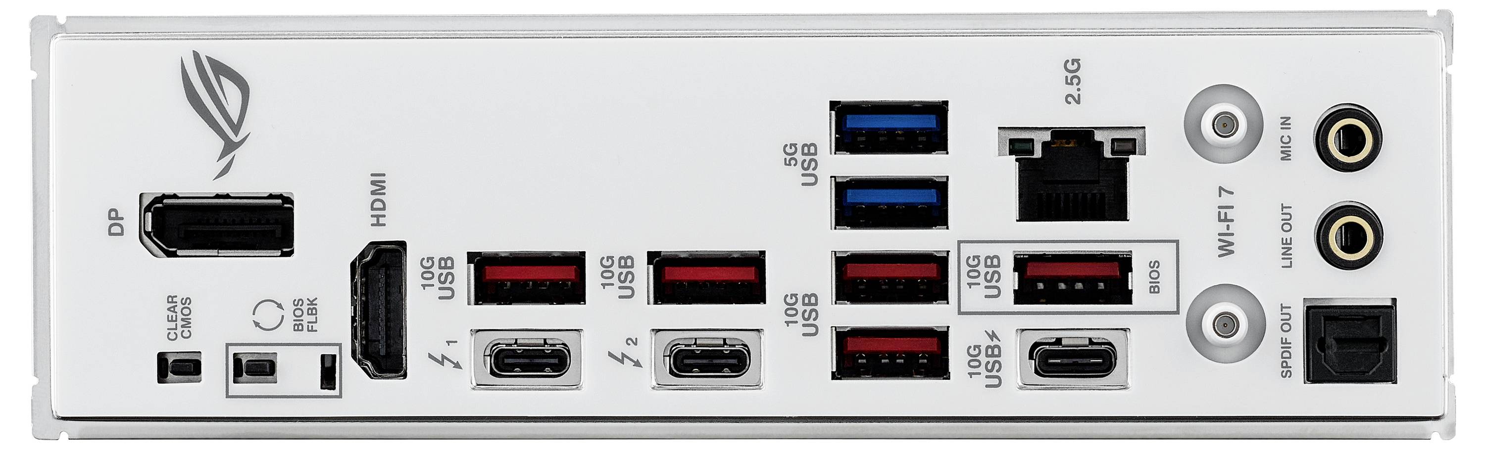 Achterkant van een computer-moederbord met verschillende aansluitingen: DisplayPort, HDMI, USB, Ethernet, Audio en Wi-Fi 7-aansluiting.