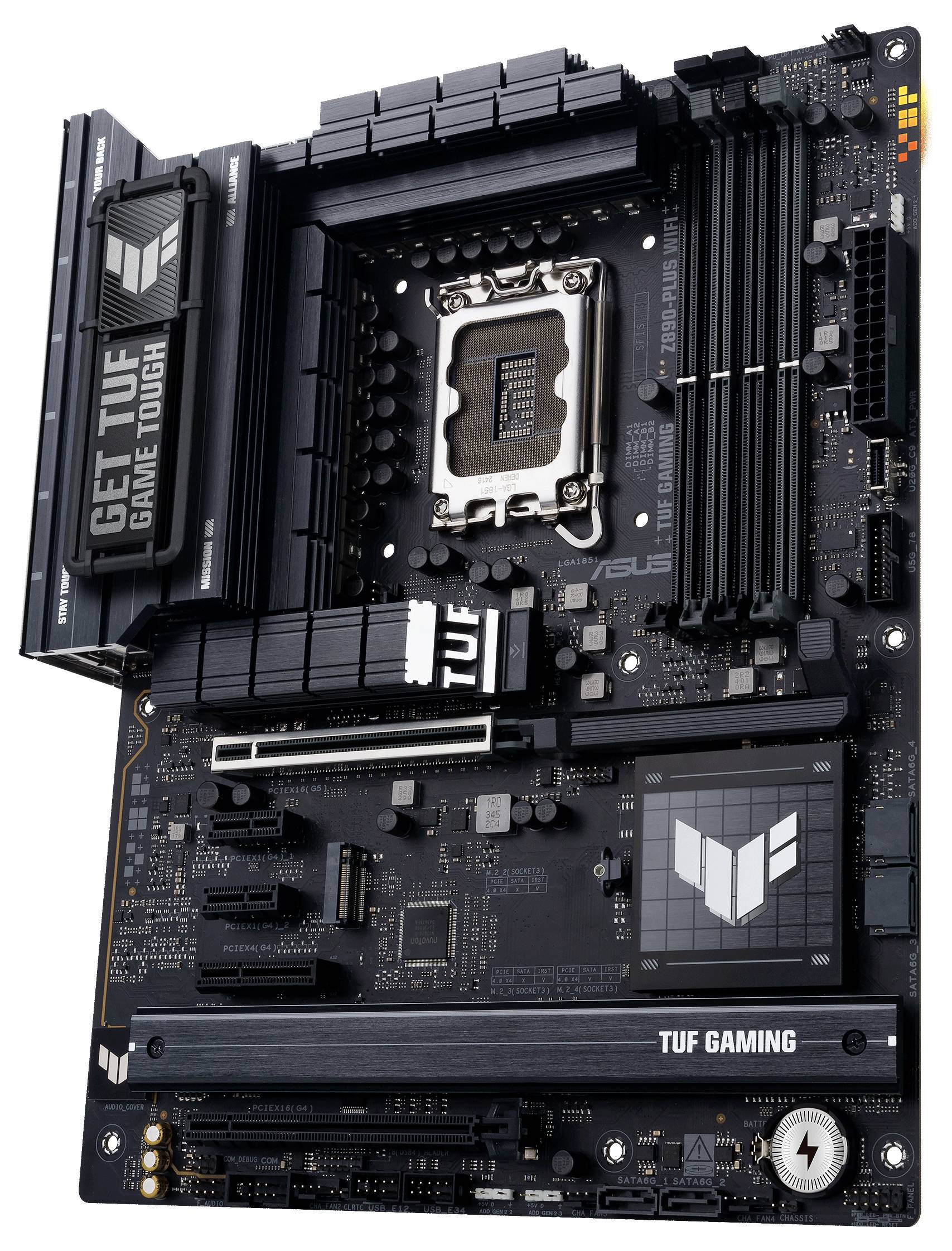 Een 'TUF Gaming' moederbord, geschikt voor krachtige processors, met meerdere uitbreidingssleuven en aansluitingen voor verschillende componenten.