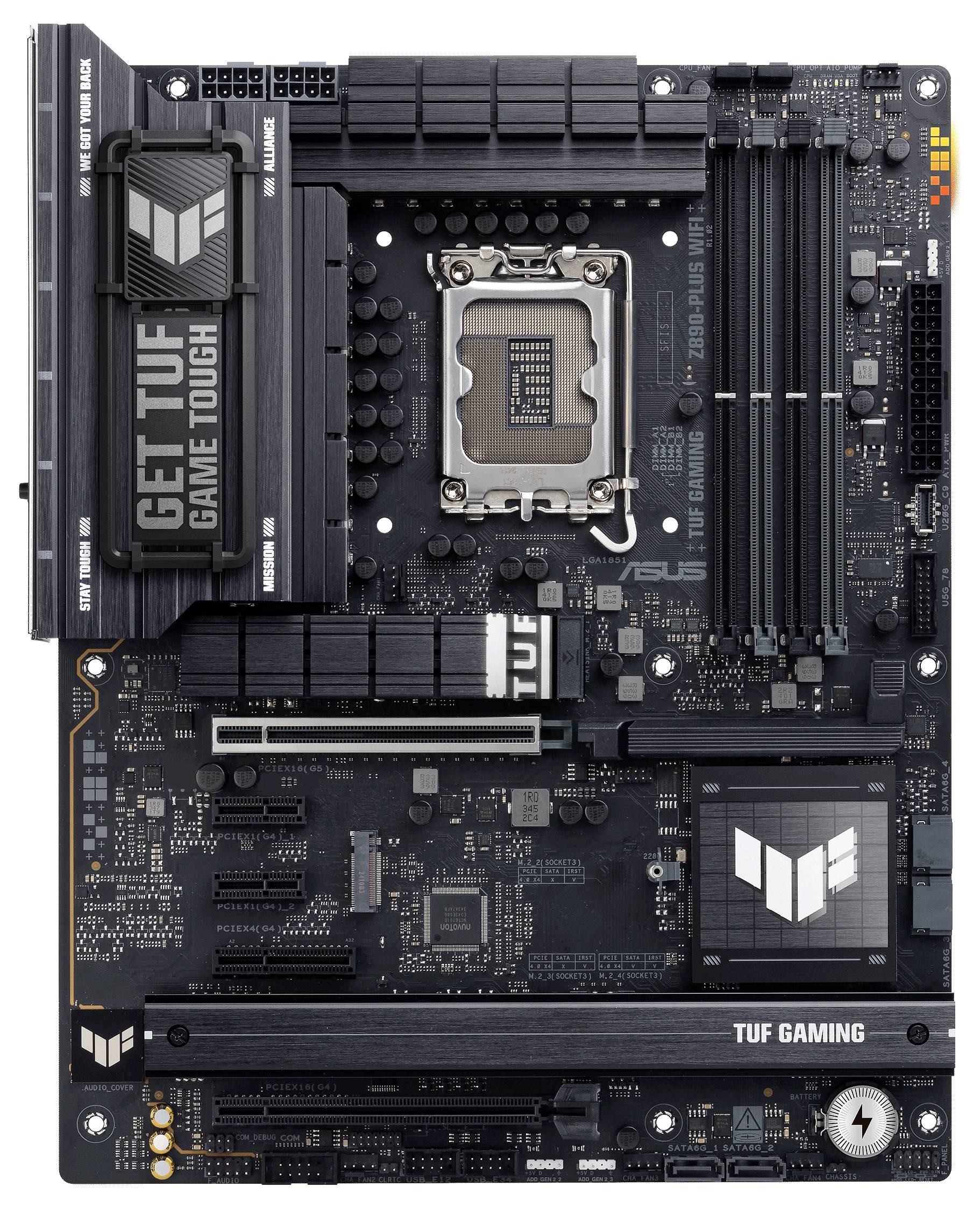Een zwart ASUS TUF Gaming-moederbord met diverse aansluitingen en slots, waaronder PCIe-sleuven, RAM-sleuven en een CPU-socket.