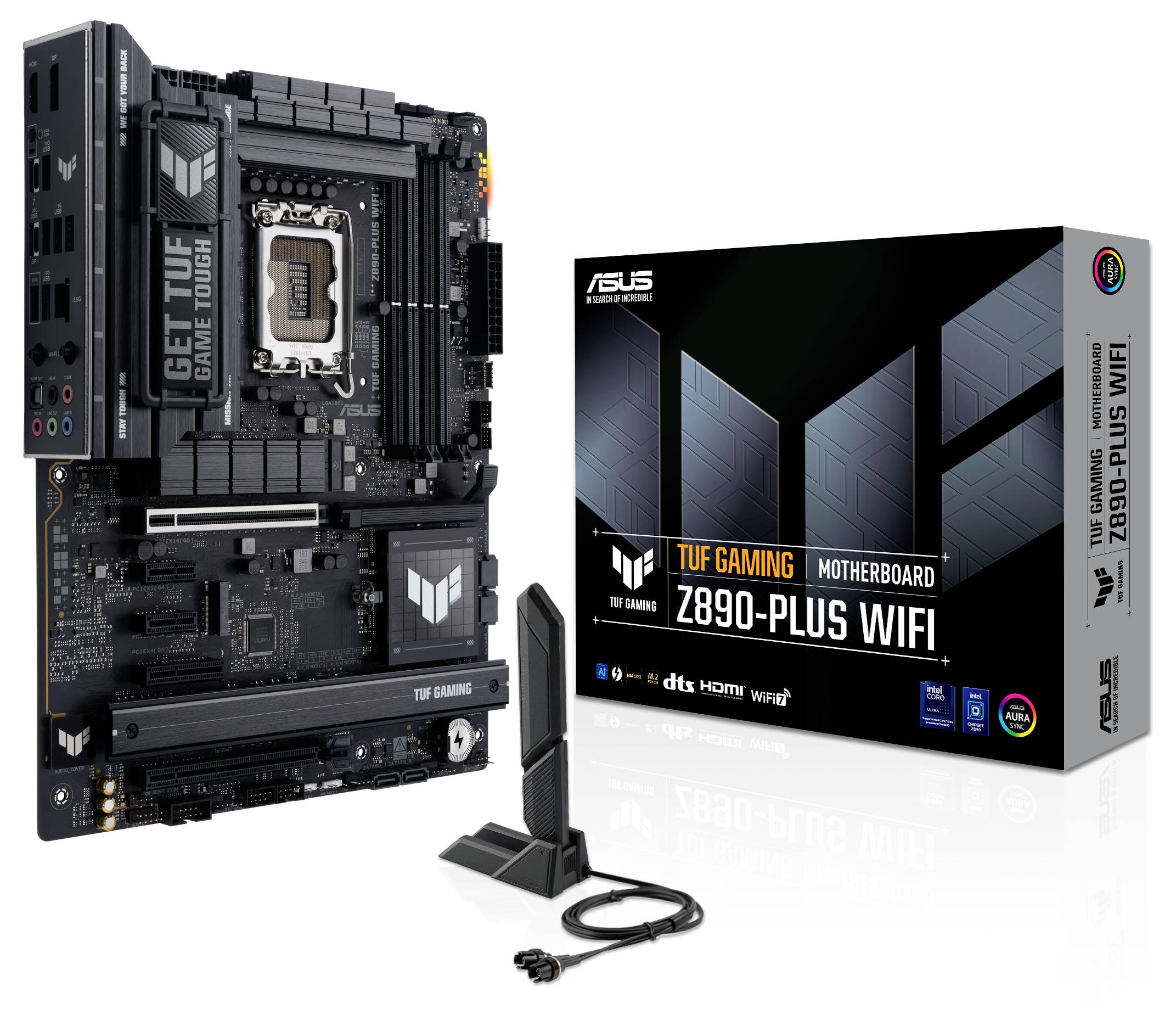 Moederbord 'TUF Gaming Z890-Plus WIFI' met verpakking en WLAN-antenne. Geschikt voor krachtige gaming-computersystemen.