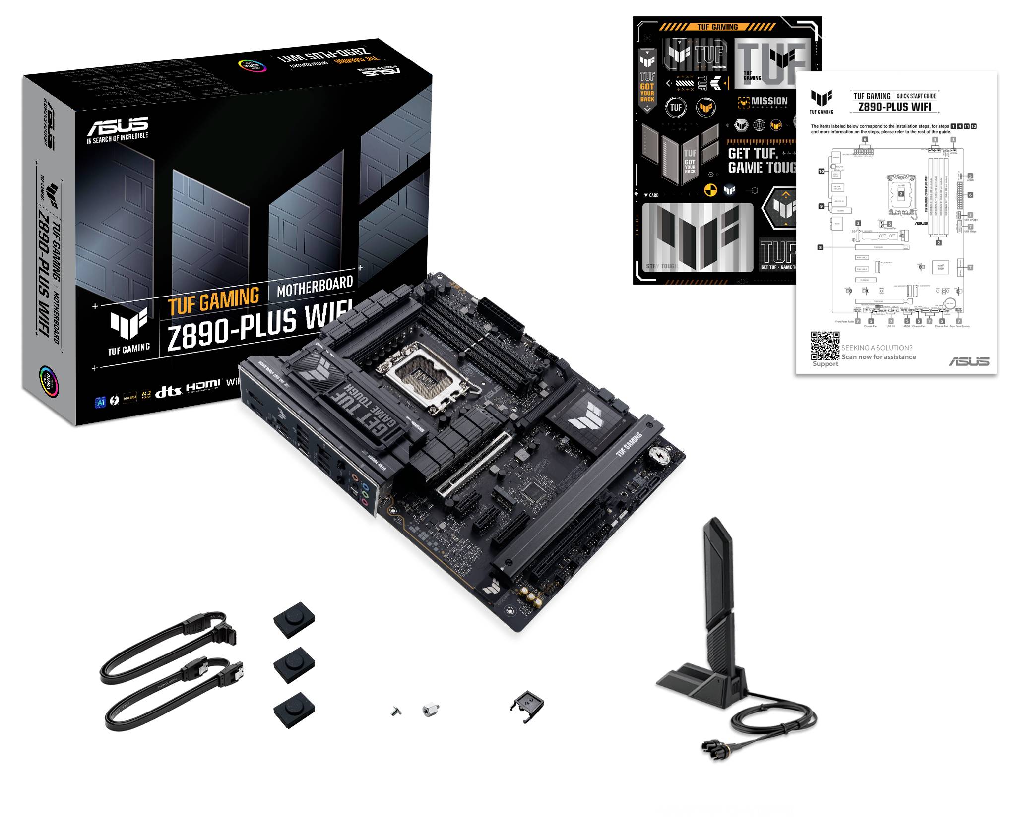 'ASUS TUF Gaming Z890-Plus WIFI' Moederbord, doos, handleidingen, kabels en antenne weergegeven op een witte achtergrond.
