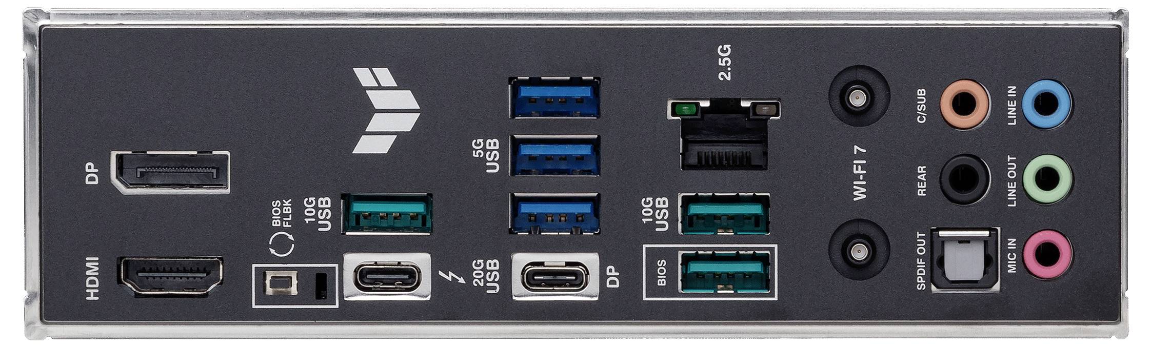 Achterkant van een moederbord met verschillende aansluitingen: HDMI, DisplayPort, USB-poorten, LAN, audio-aansluitingen, Wi-Fi-antenne-ingang.