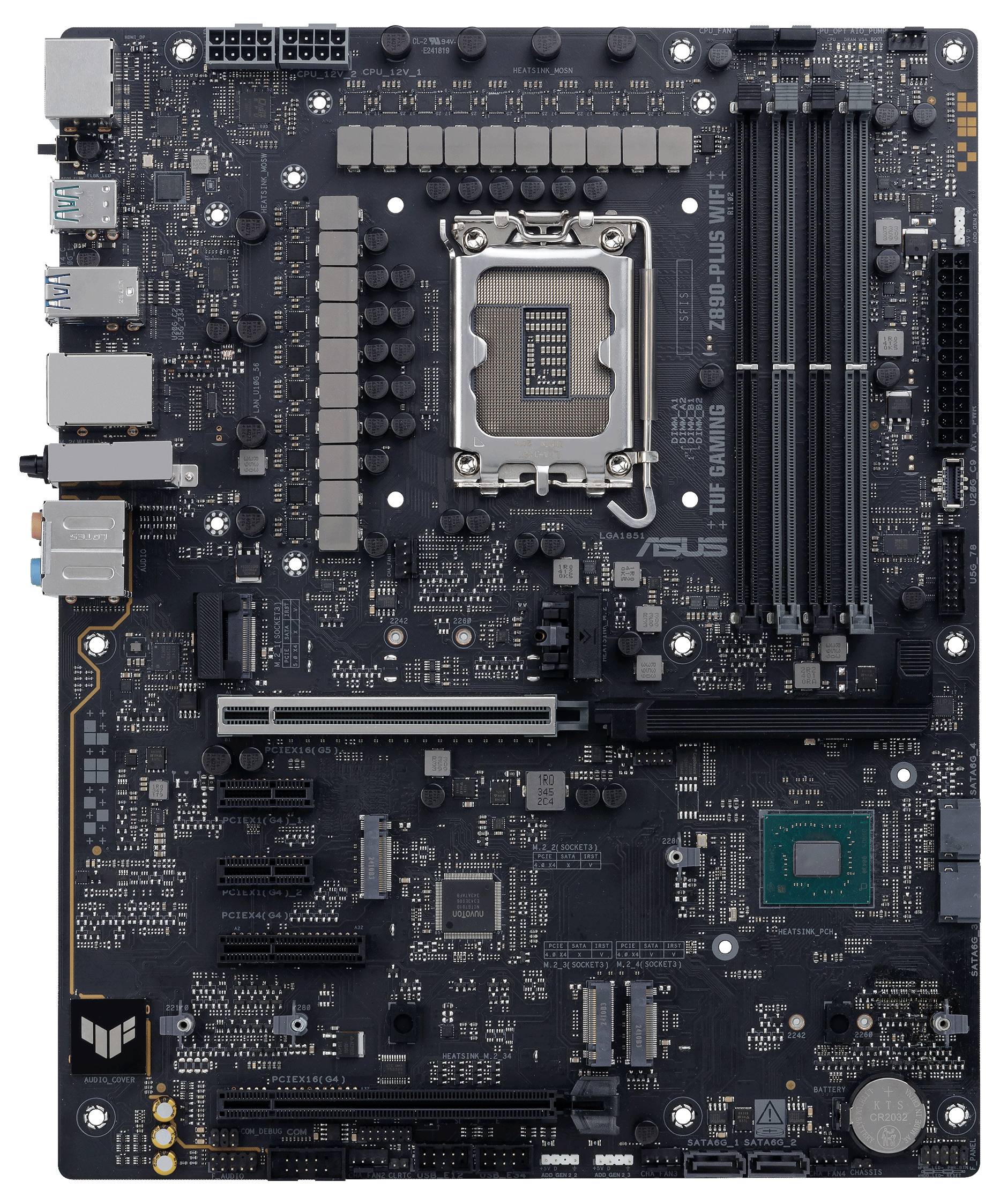 Computermoederbord met CPU-socket, RAM-sleuven, PCI-Express-slots en verschillende aansluitingen en componenten op een zwart printplaatje.
