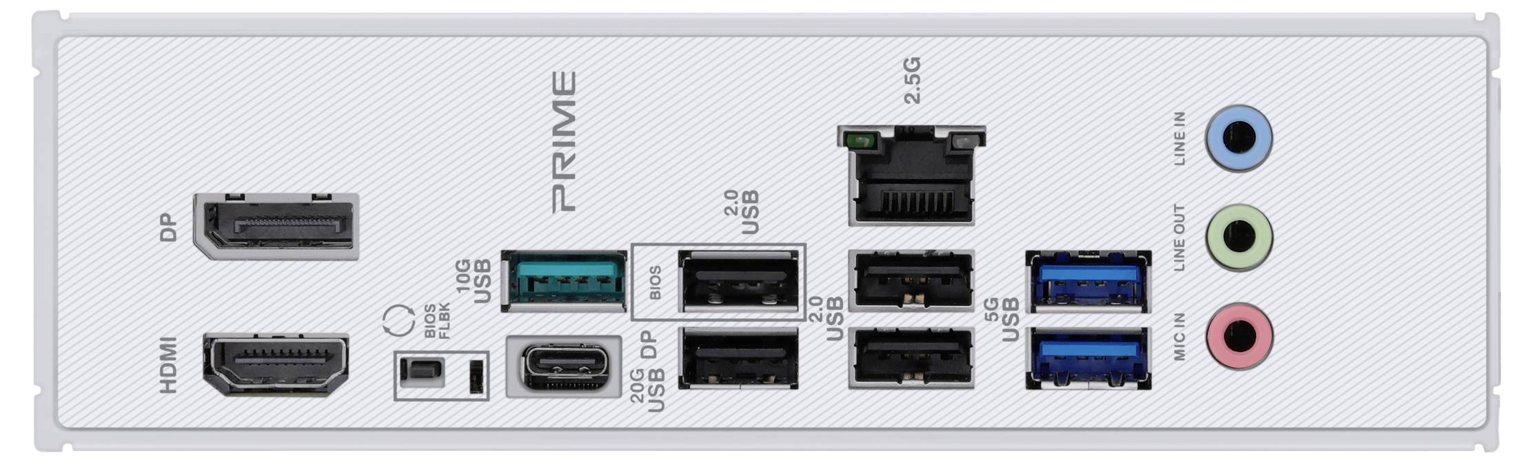 Achterkant van een computermoederbord met verschillende aansluitingen: HDMI, DisplayPort, USB, LAN, audio-ingangen en -uitgangen.
