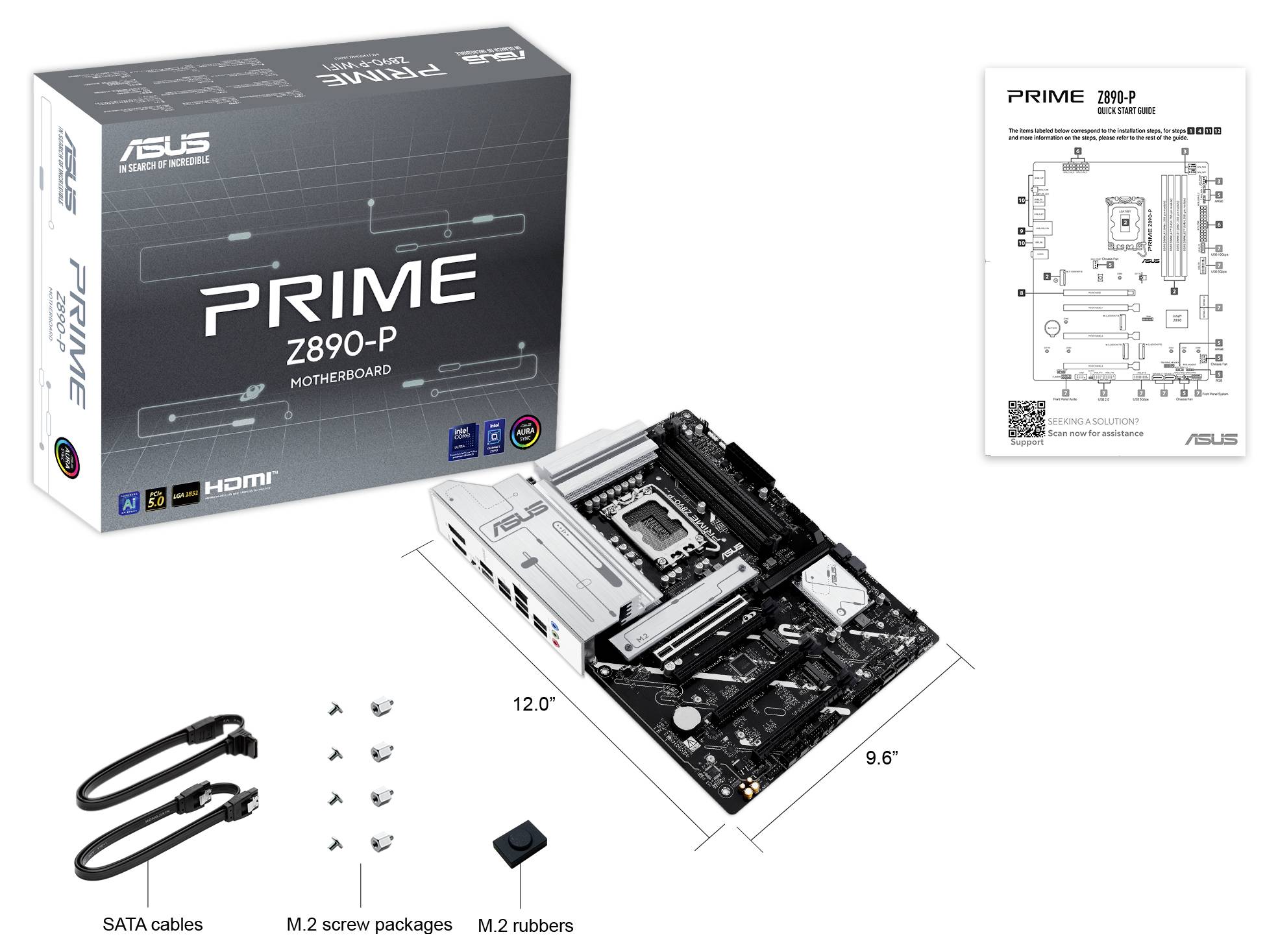 ASUS Prime Z890-P Moederbord-Set, inclusief moederbord, handleiding, SATA-kabels, schroeven en rubberen bevestigingsplaatjes, voor veeleisende pc-builds.