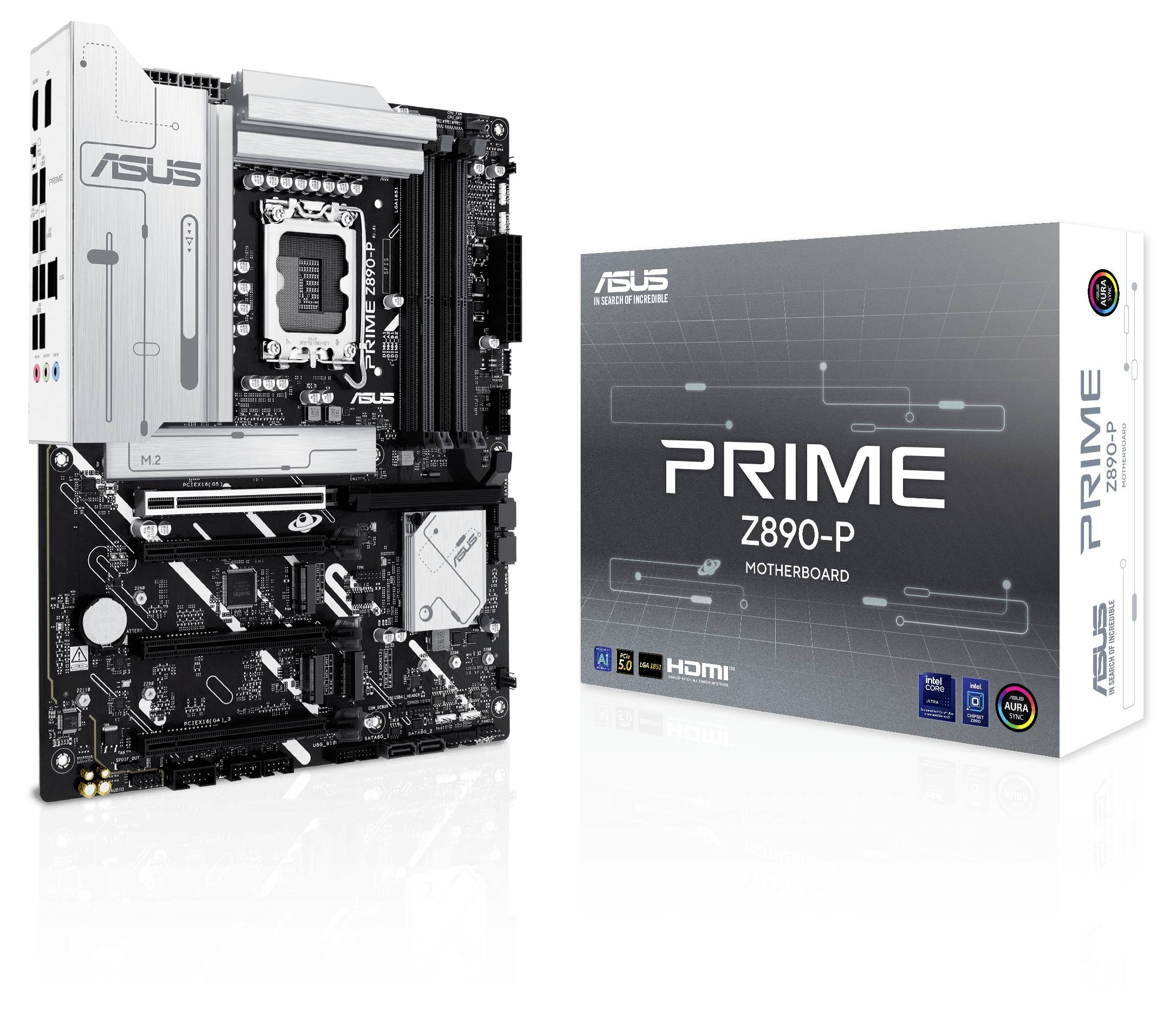Moederbord 'ASUS Prime Z890-P' staat naast zijn verpakking. De verpakking toont het model, ondersteunt HDMI en PCIe 5.0.