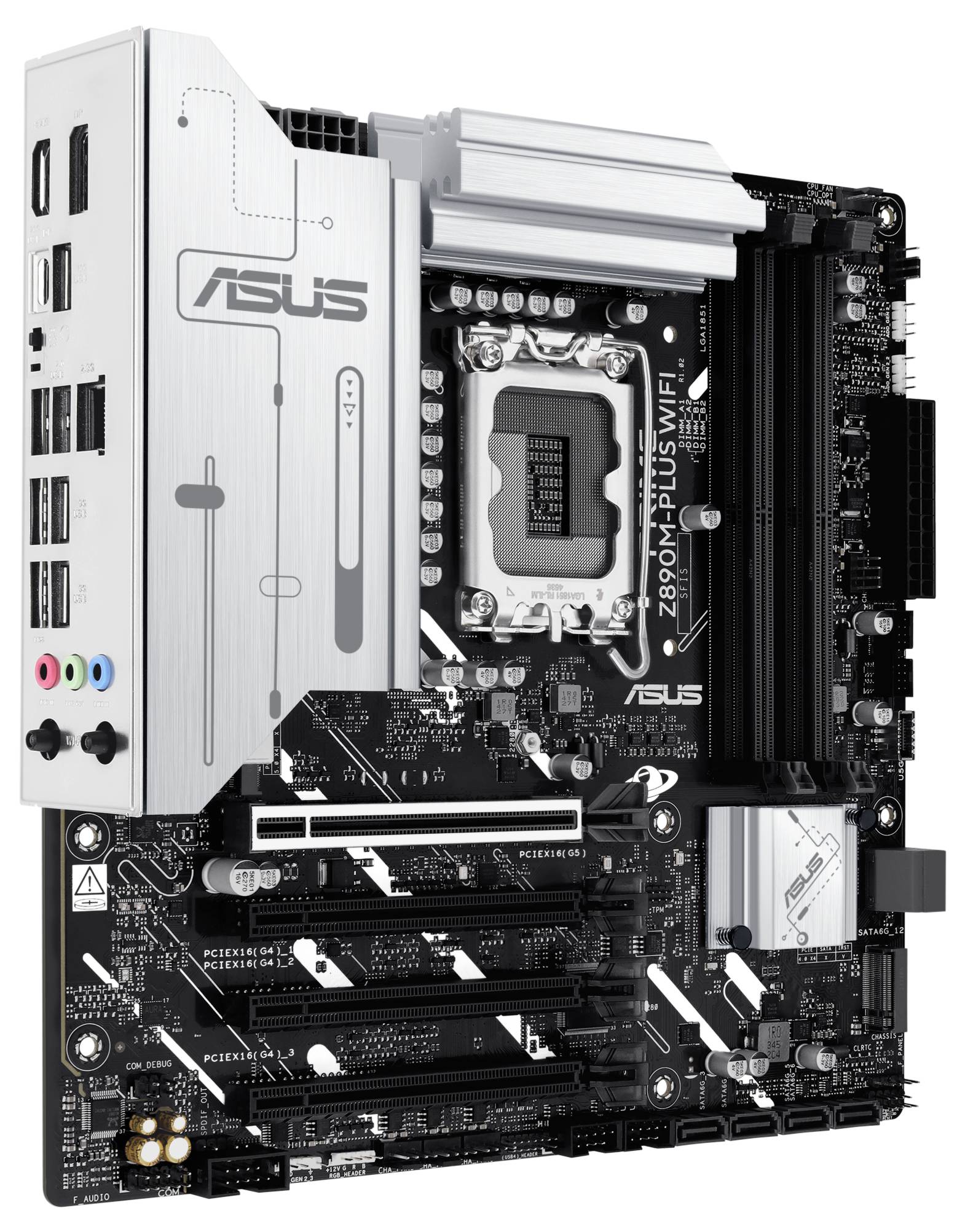 Moederbord ASUS Z690M-PLUS WIFI, Micro-ATX, zilverkleurig design, meerdere PCIe-sleuven, USB- en audio-aansluitingen, WiFi-ondersteuning.