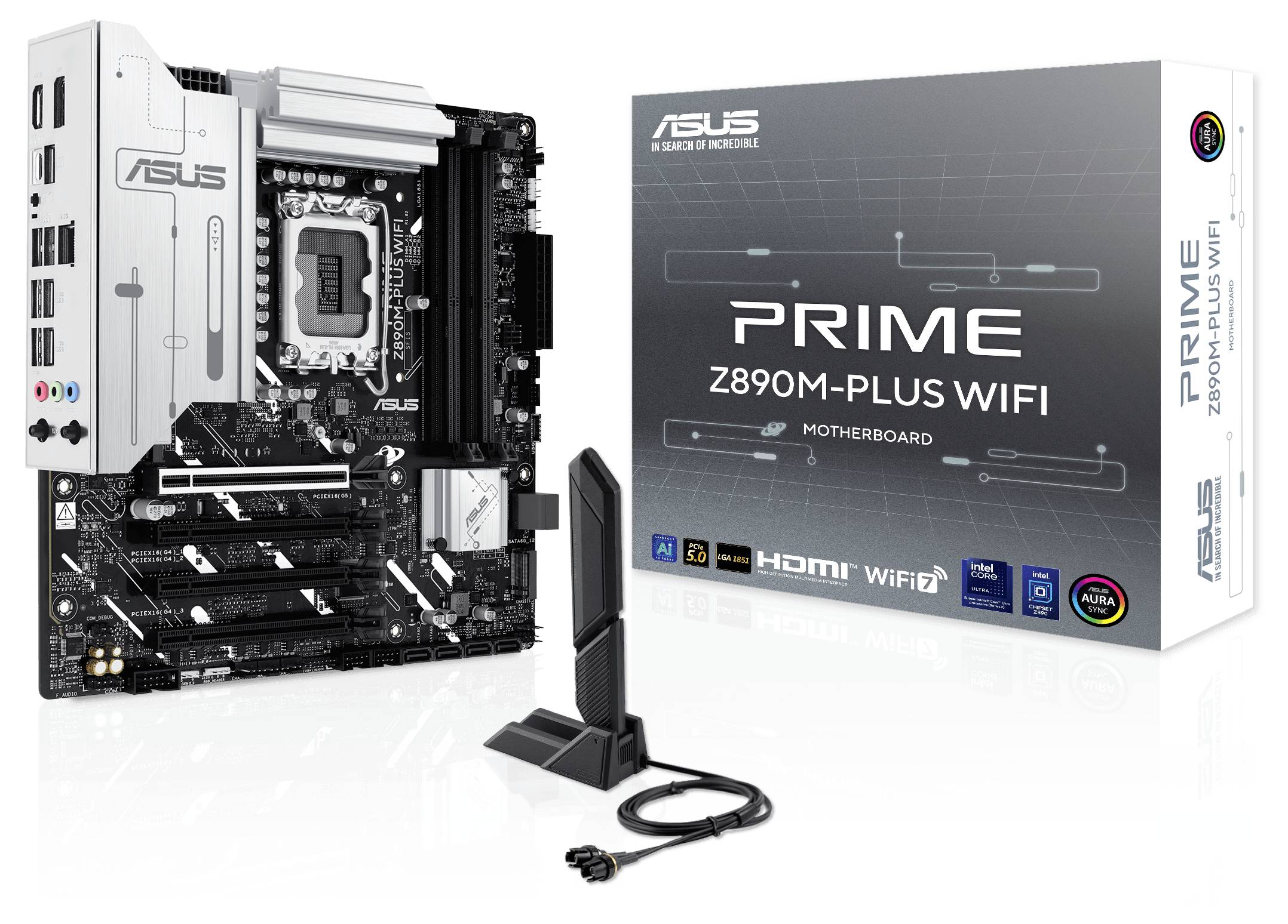 ASUS Prime Z690M-Plus WIFI-moederbord naast de verpakking, toont aansluitingen en antenne-aansluiting; geschikt voor gevorderde pc-gebruikers.