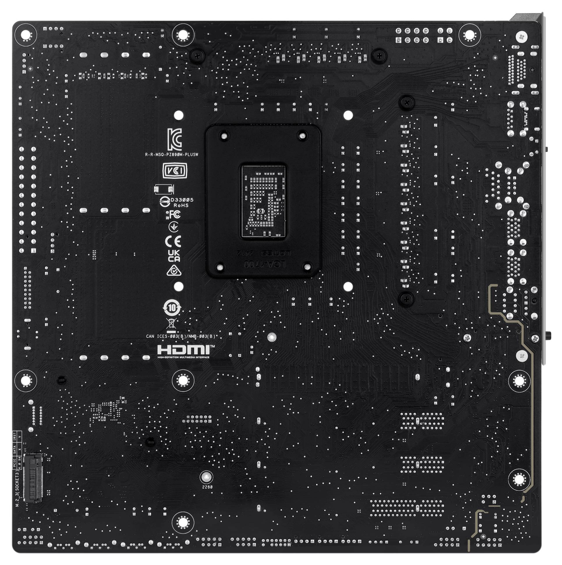 Achterkant van een computer-moederbord met zichtbare elektrische contacten en HDMI-aansluiting, toont de lay-out van elektronische verbindingen.