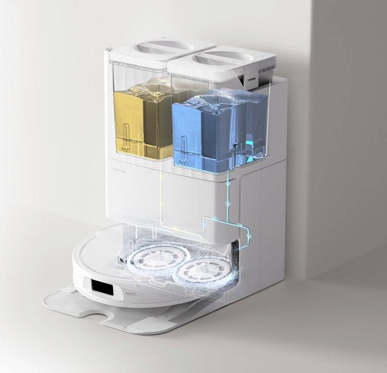 Robotstofzuiger met automatisch reinigings- en waterwissel station; toont twee tanks voor vuil en water; technische weergave.