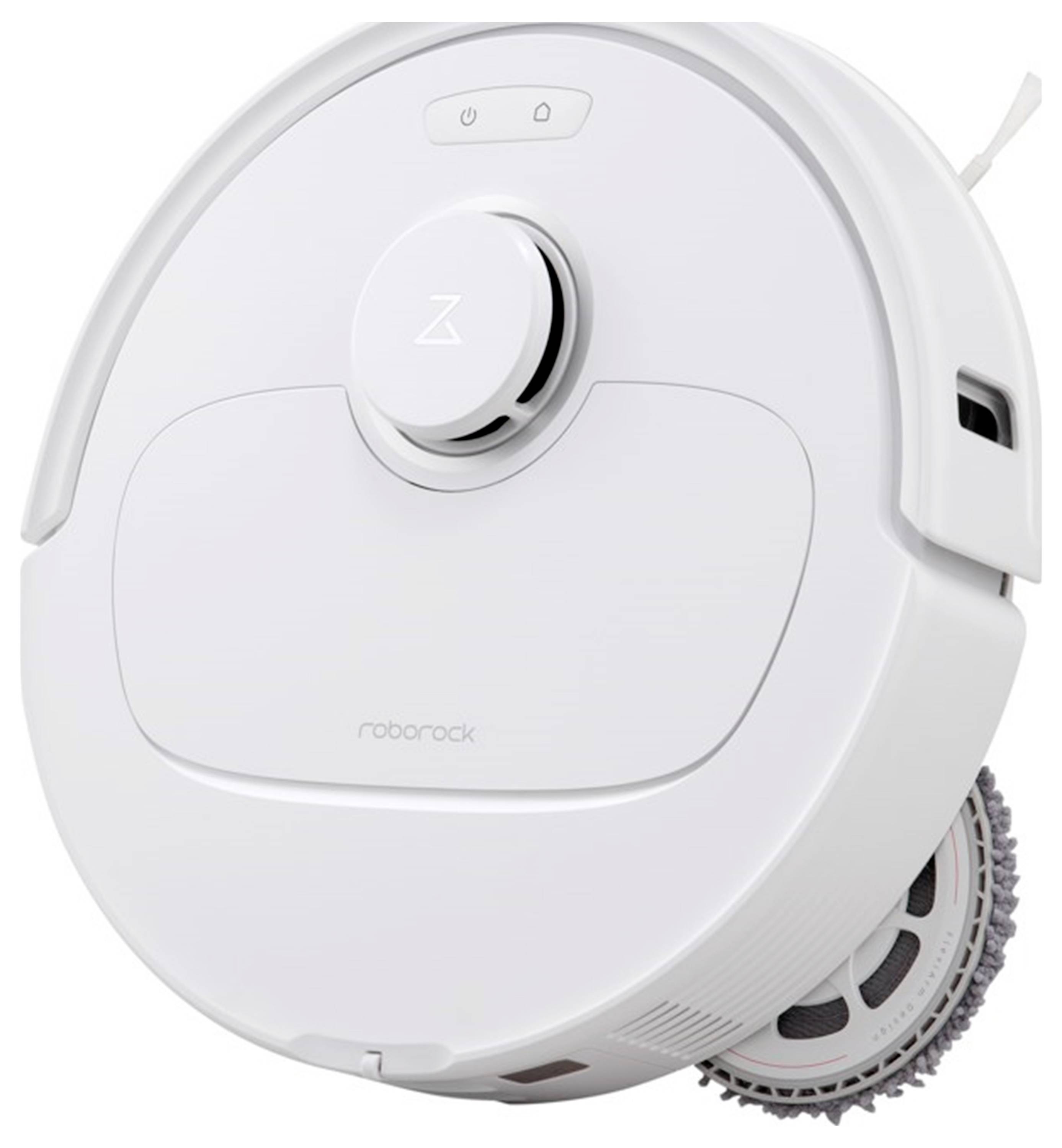 Een witte, ronde robotstofzuiger met grijze accenten en een zichtbaar wiel aan de zijkant.