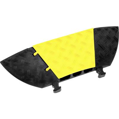 Een kabelgoot met een zwart en geel bovendeel, die dient ter bescherming van kabels, met een slipvrij oppervlak en afsluitbare onderdelen.