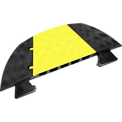Een halfcirkelvormige, zwart-gele kabelgoot. Hij beschermt kabels tegen beschadigingen op de grond.