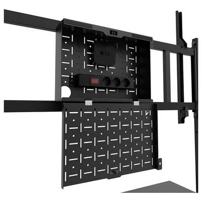 Zwarte metalen bevestigingssteun met stekkendoos, geschikt voor wandmontage. Inclusief Apple TV apparaat.