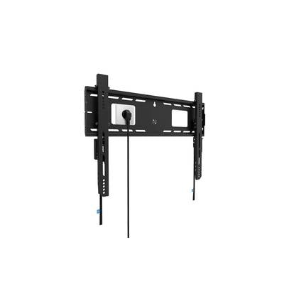 Een zwarte tv-wandsteun met een bijbehorende kabel, geschikt voor de veilige bevestiging van een flatscreen televisie.
