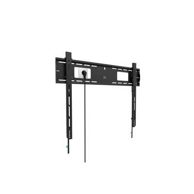 Een zwarte tv-wandsteun met verstelbare rails, geschikt voor het ophangen van een flatscreen televisie. Kabels lopen naar beneden.