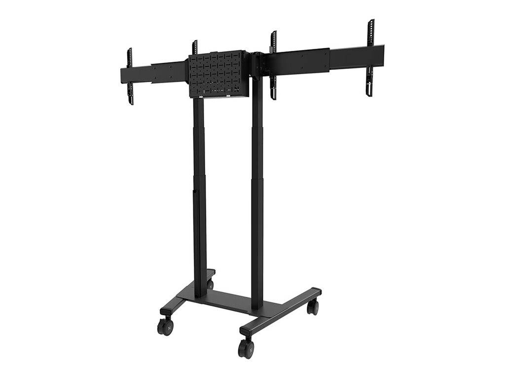 Een mobiele tv-standaard op wielen, geschikt voor het bevestigen van grote schermen. Verstelbare hoogte en robuuste constructie voor stabiliteit.