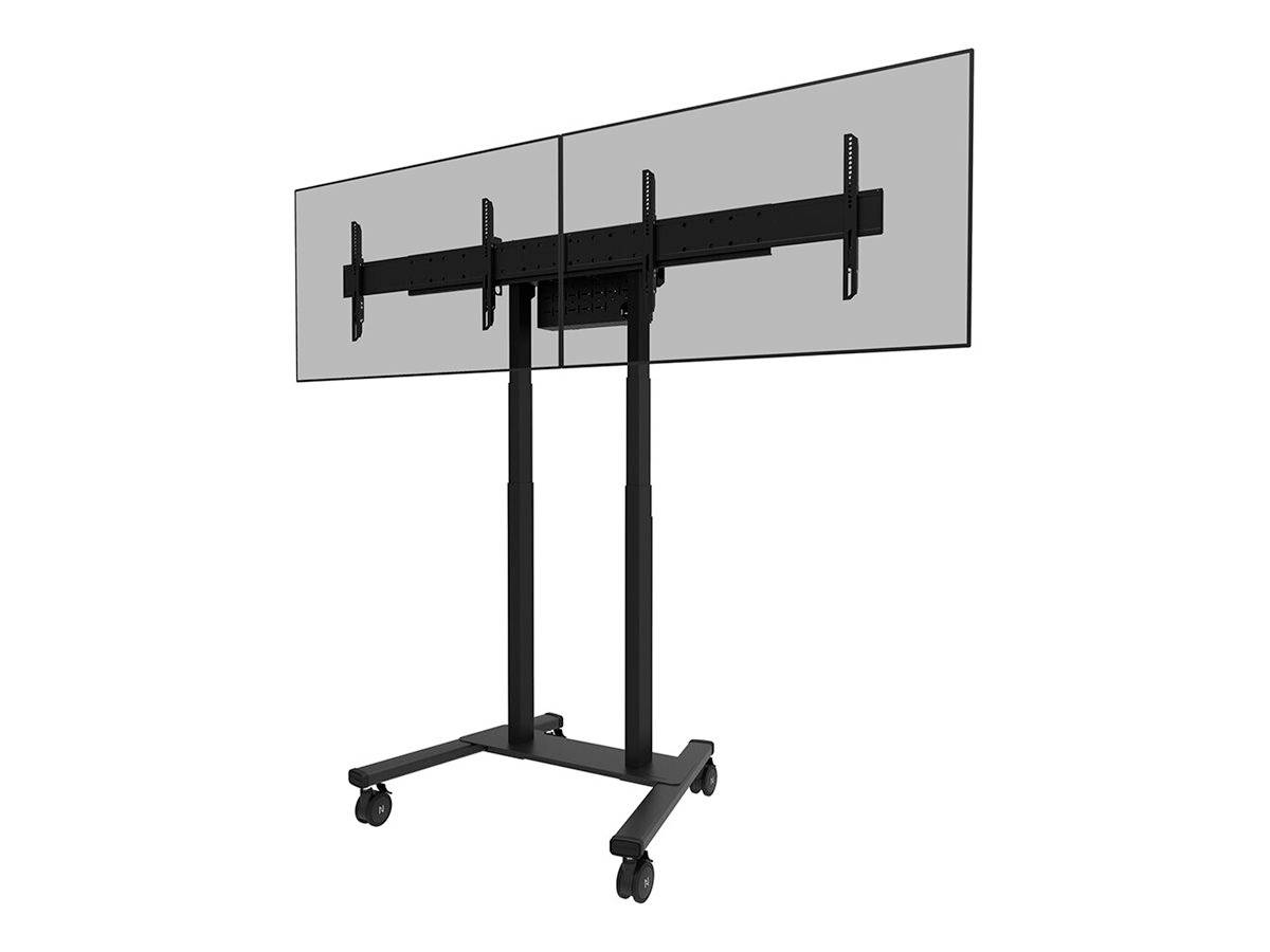 Een mobiele tv-standaard van metaal op wielen, ontworpen voor de montage van twee grote schermen naast elkaar.