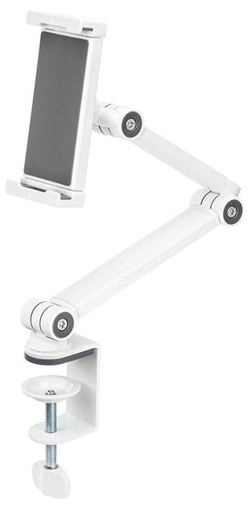 Ergonomische, verstelbare tablethouder voor bevestiging aan een tafel, in het wit. Geschikt voor verschillende tabletformaten.
