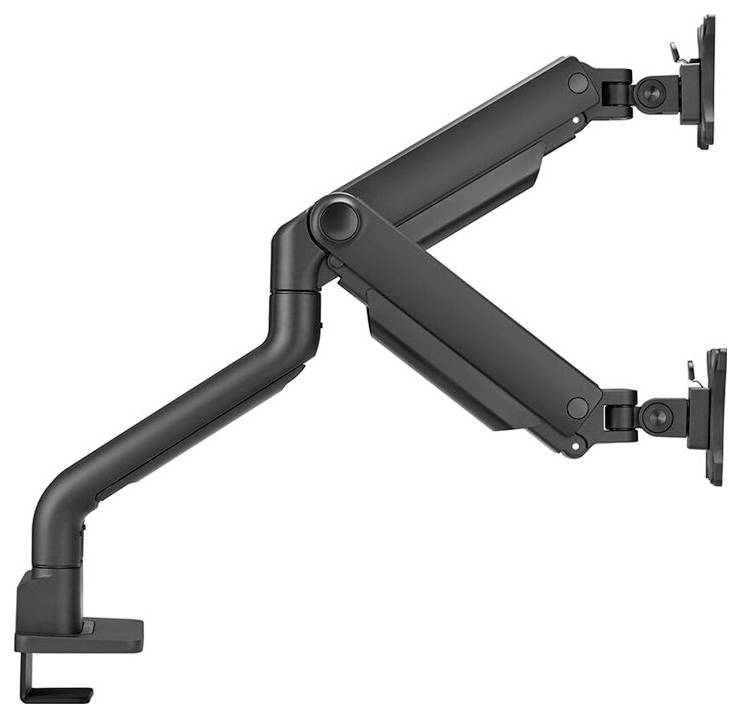 Zwarte, verstelbare monitorarm met twee scharnieren. Geschikt voor bevestiging aan bureaus, ideaal voor ergonomische schermpositionering.