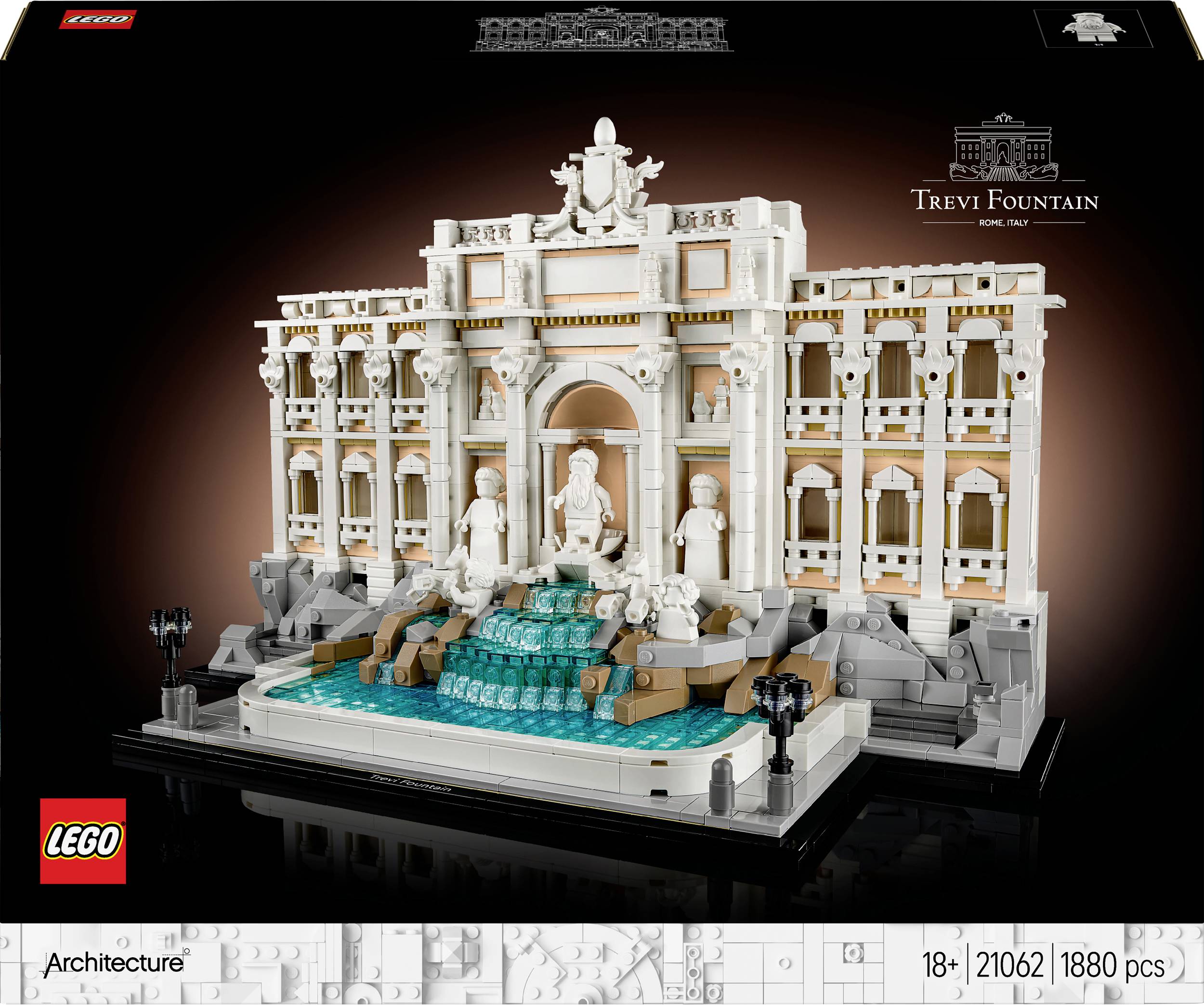 LEGO-model van de Trevi-fontein met gedetailleerde sculpturen en gevels. Onderdeel van de LEGO Architecture-serie, geschikt voor 18+, 1880 onderdelen.