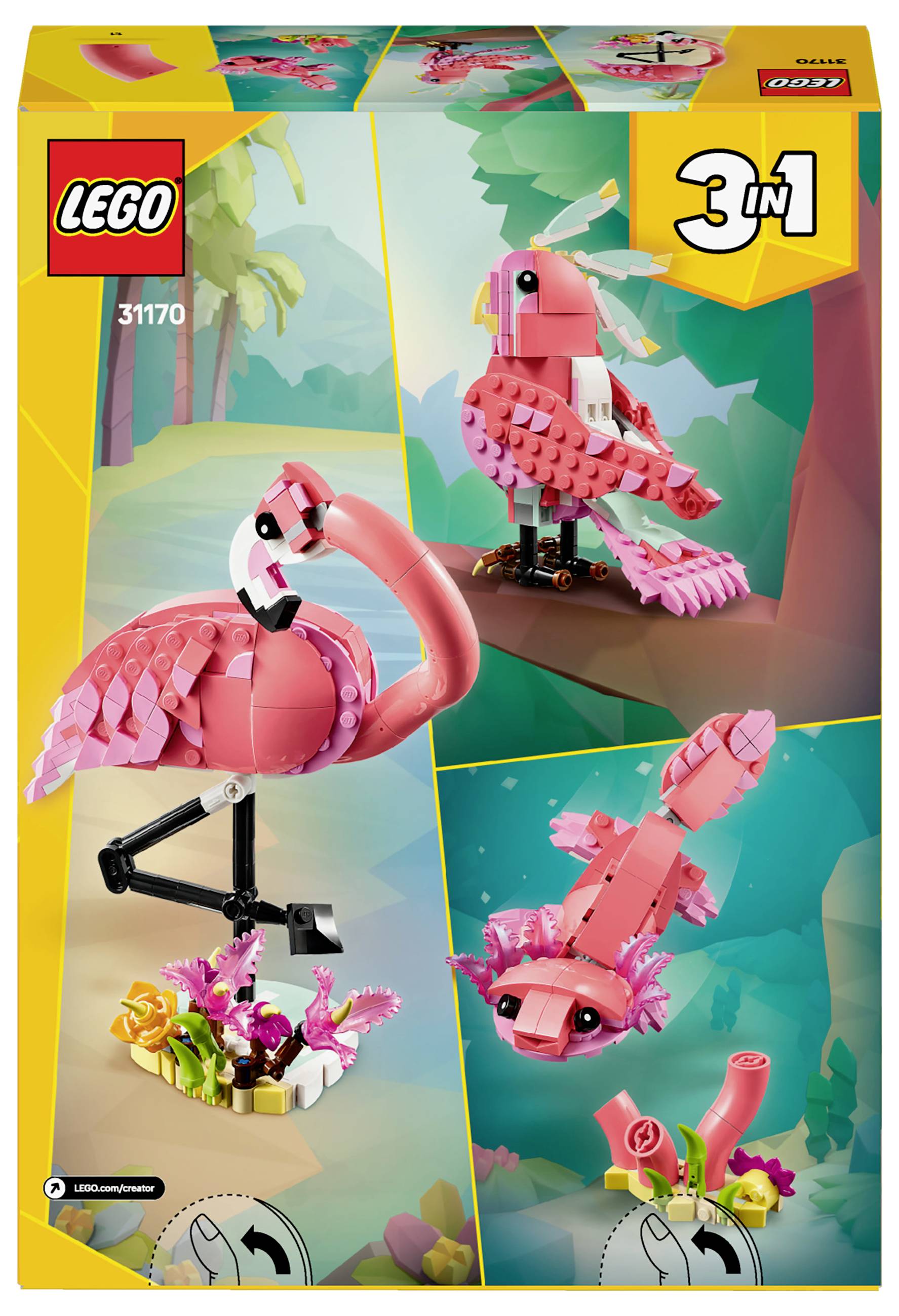LEGO 3-in-1 Set: Toont drie verschillende modellen van roze stenen - Flamingo, Papegaai en Zeepaardje, in een tropische omgeving.