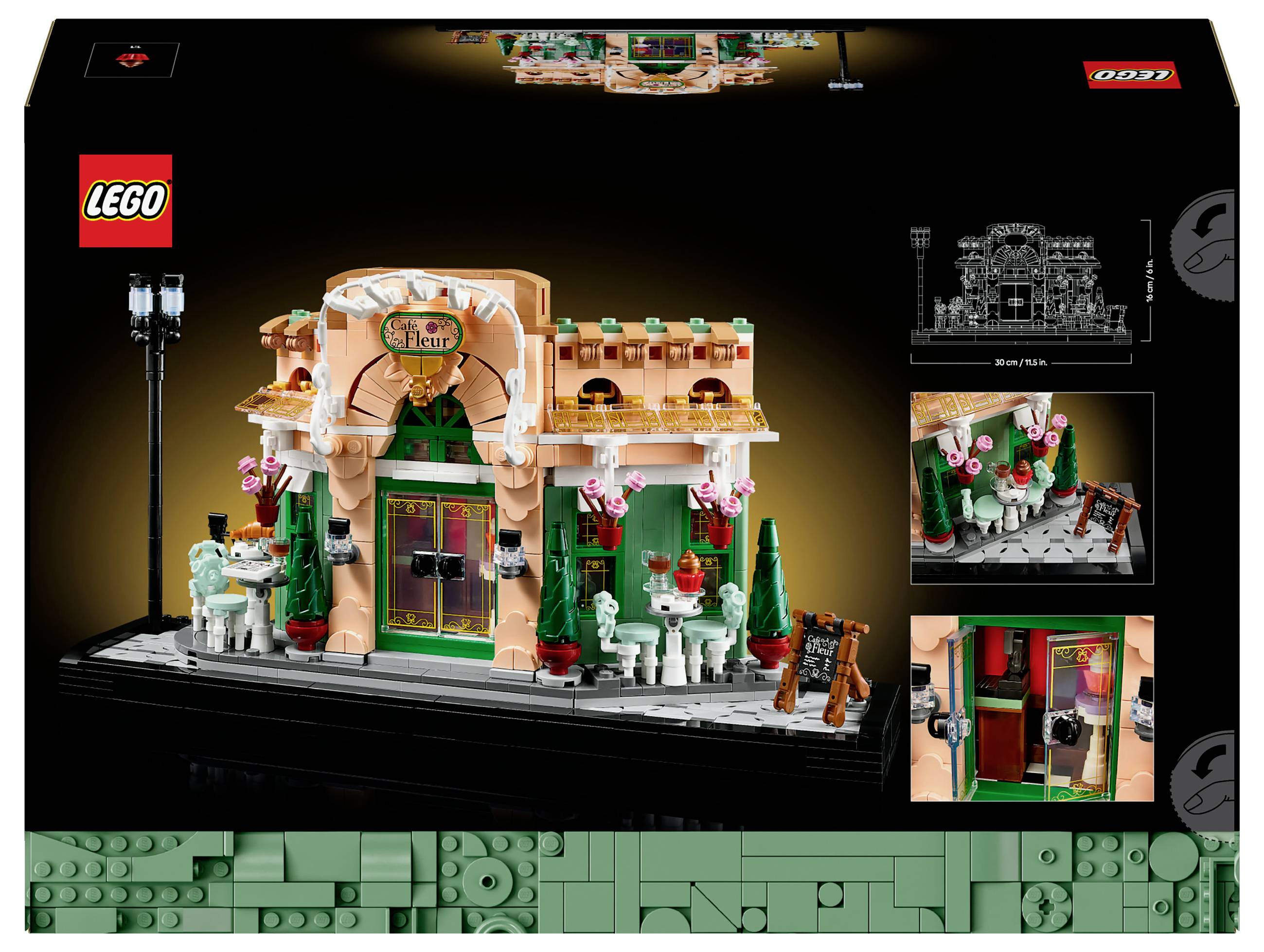 Lego-doos met een model van een jazzclub, inclusief figuren en instrumenten. Hoofdkleur is oranje met groene accenten.