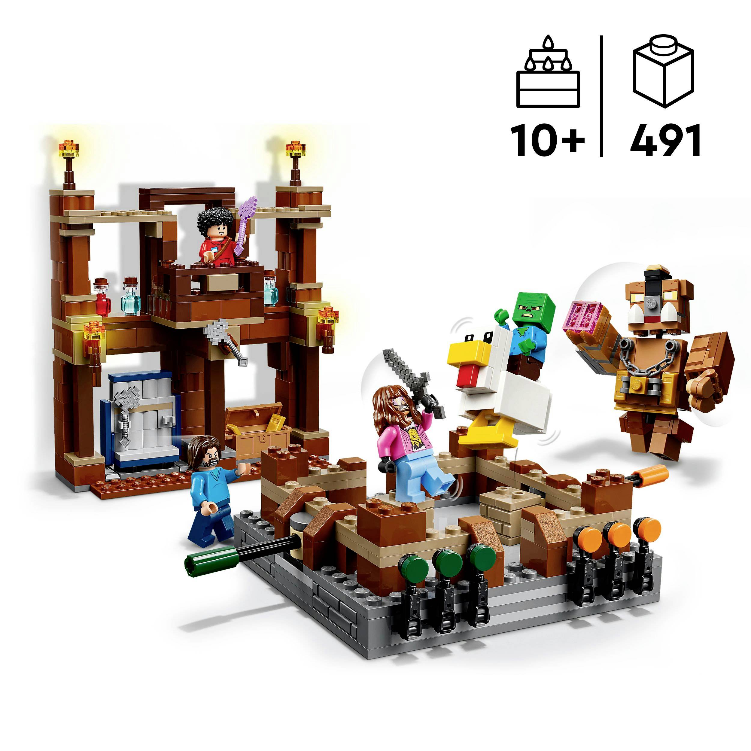 Lego-speelset voor kinderen vanaf 10 jaar, bevat figuren en een burchtachtergrond met 491 onderdelen. Meegeleverde figuren tonen blokfiguren.