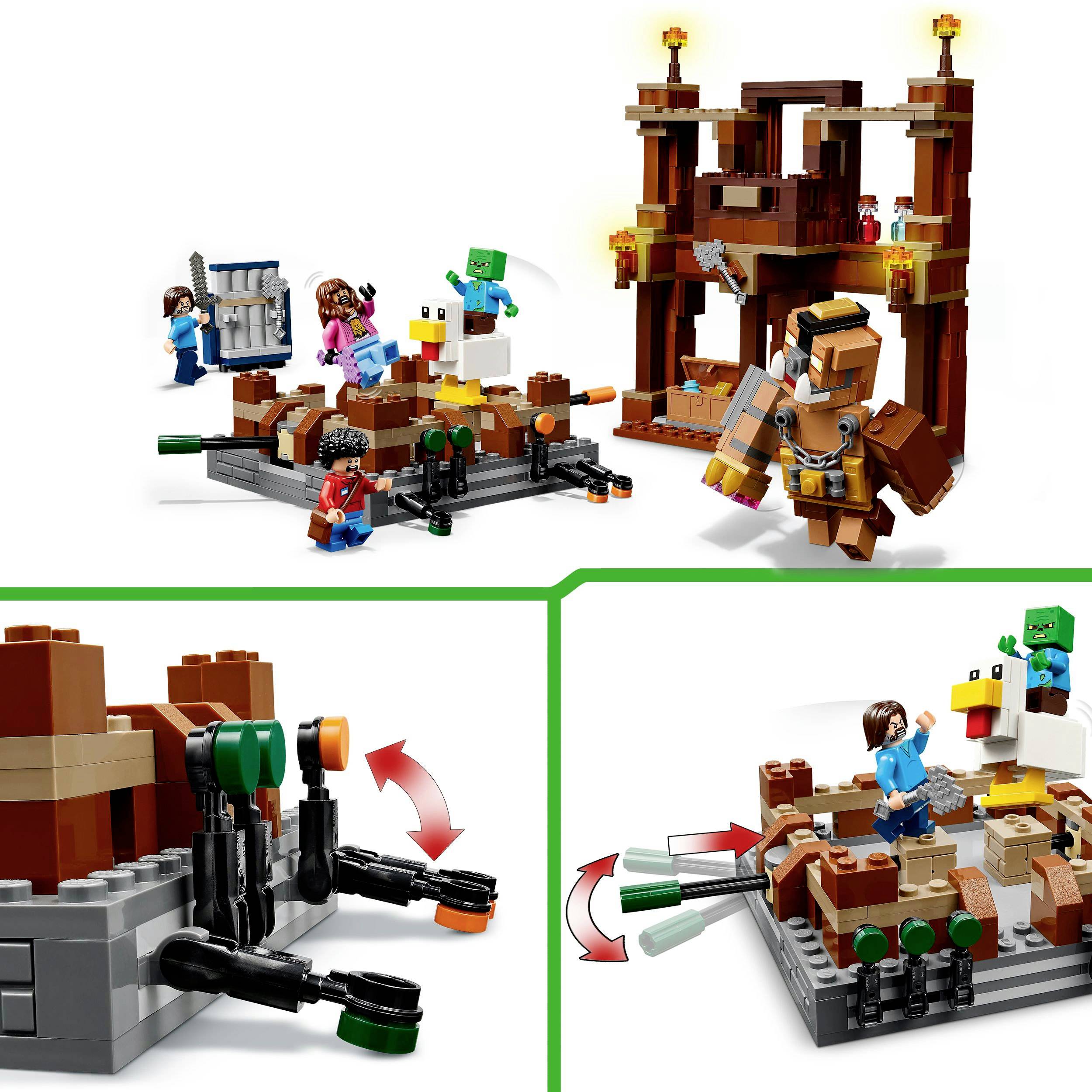 LEGO-set met meerdere figuren, waaronder koninklijke ridders en monsters, in een Minecraft-achtige burcht. Scènes van strijd en spel.