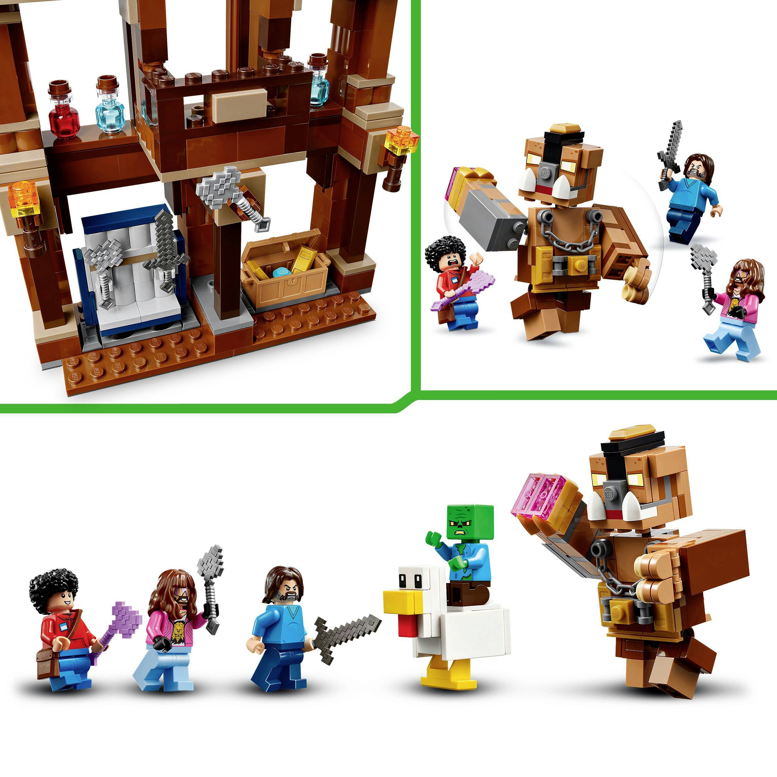 Het beeld toont een LEGO-set met Minecraft-figuren in een blokwereld. Figuren houden wapens vast en er is een eend. Gebouwen zijn zichtbaar op de achtergrond.