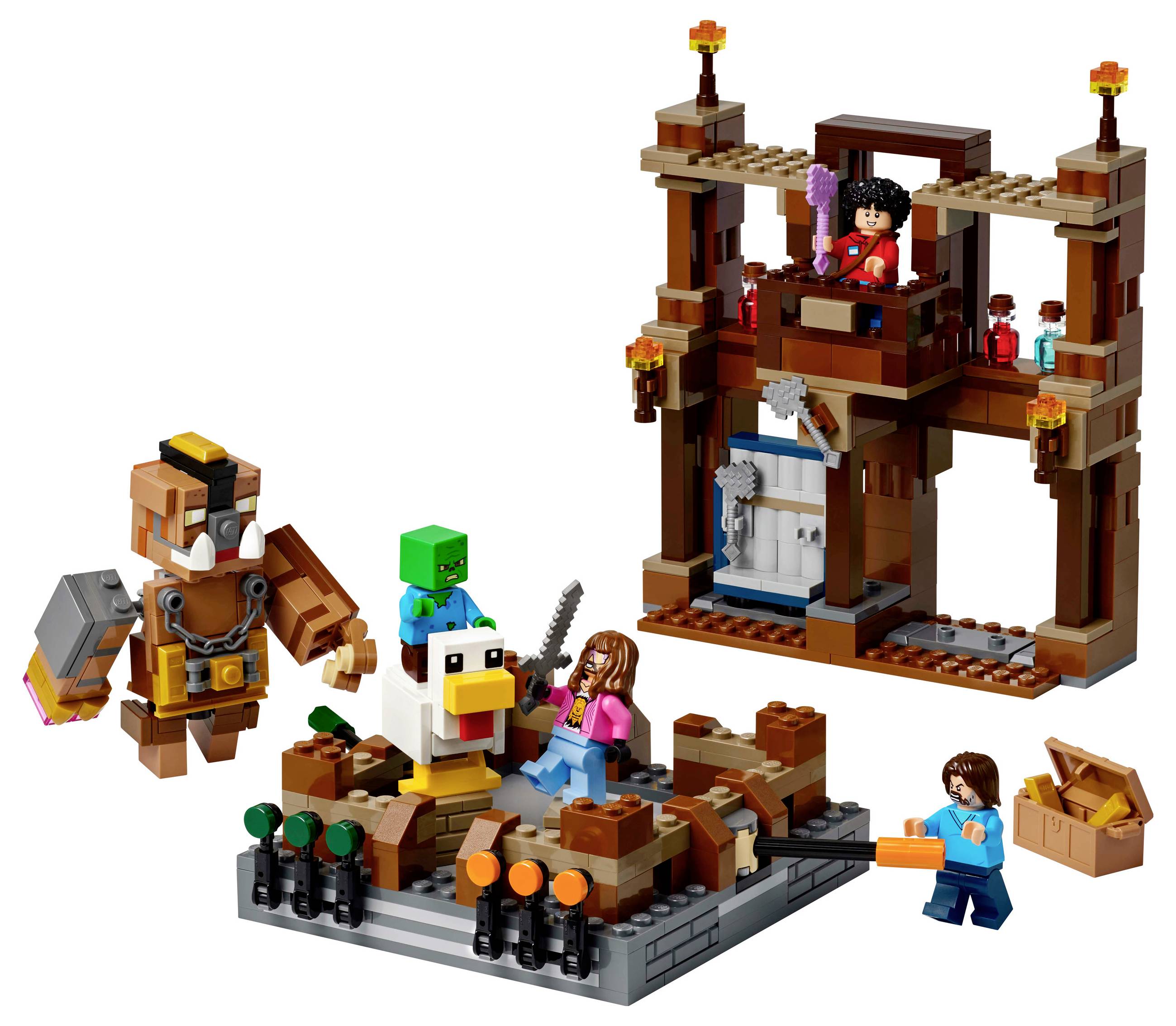 Een Lego-scène met Minecraft-personages: een gebouw, figuren, een kip en een wolf. Kind op de toren, dieren en figuren zijn aan het vechten.