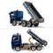 Een blauwe LEGO-kiepwagen met kantelbare laadruimte. Het bovenste deel toont de laadruimte omhoog gekanteld, het onderste deel toont de vrachtwagen van opzij.