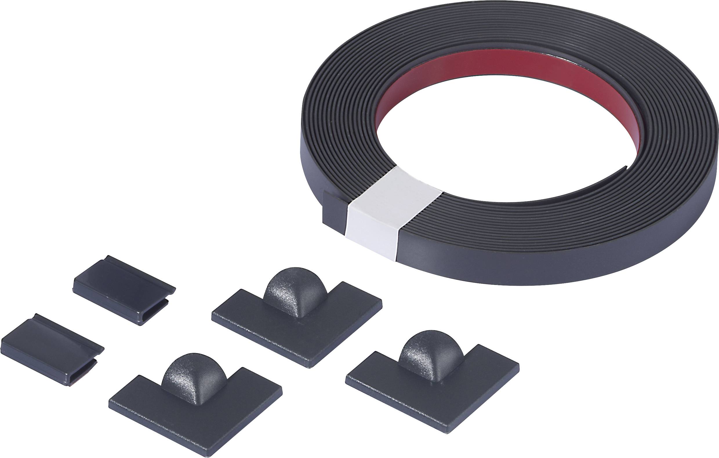 Een rol zwart magnetisch plakband met vier rechthoekige magneetclips; geschikt voor bevestigings- en organisatietoepassingen.