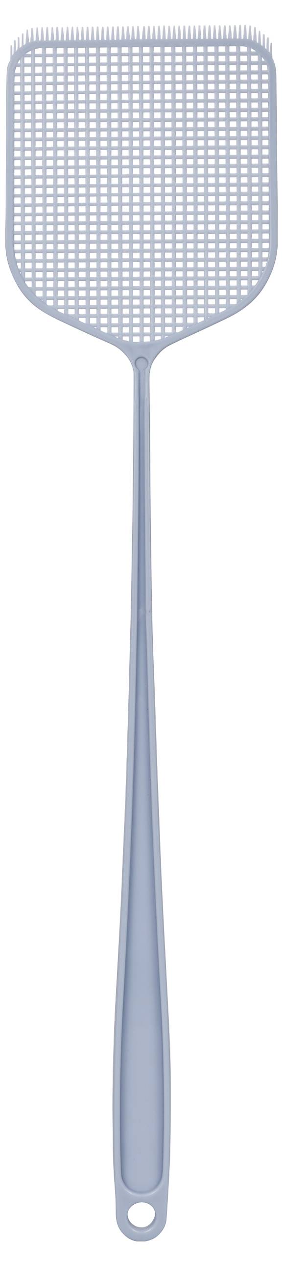Vliegenmepper van lichtblauw kunststof met een lange steel en een rechthoekige kop, geperforeerd voor effectieve insectenbestrijding.