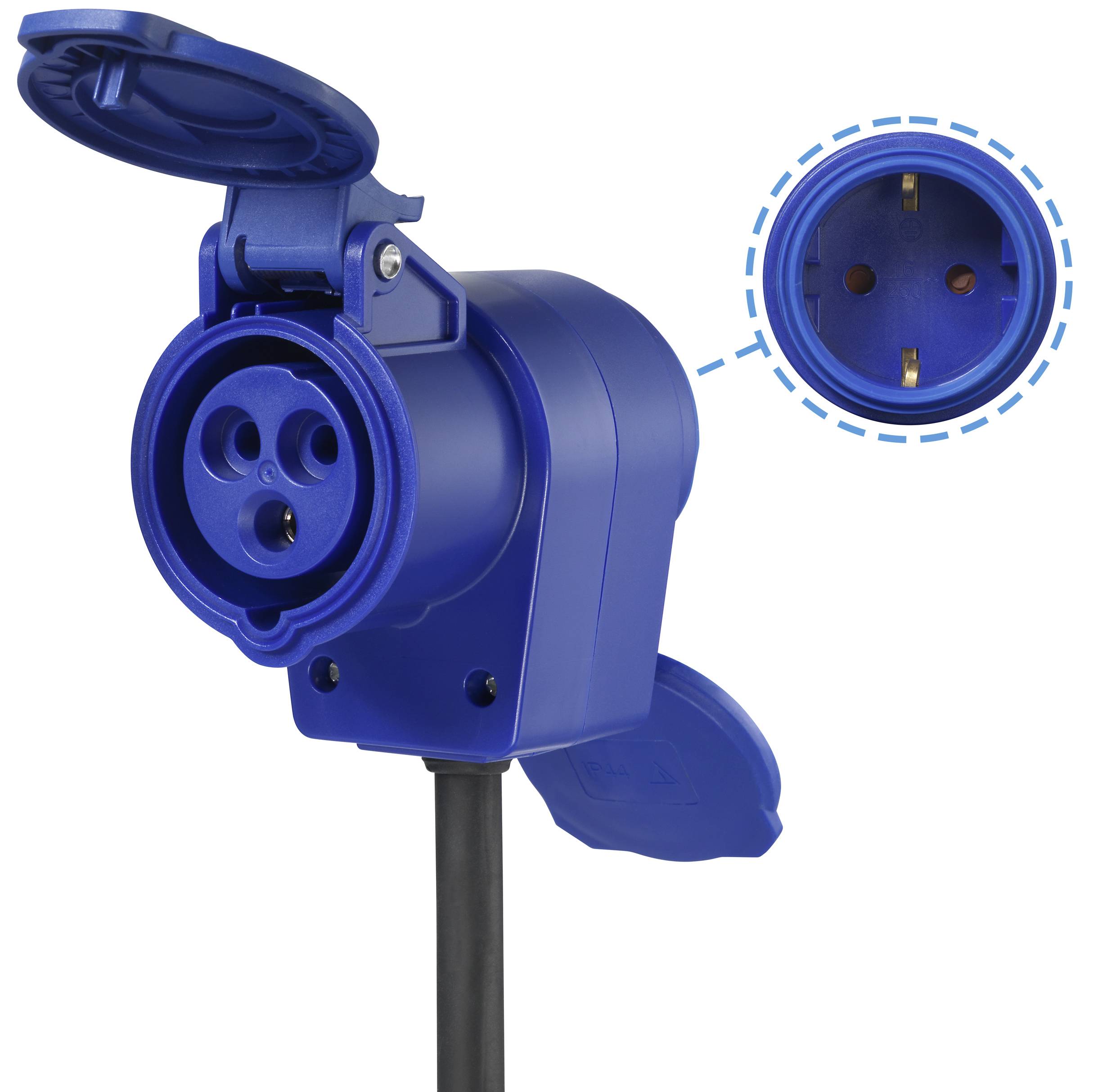 Blauwe CEE-contactdoos met beschermklepje en bijbehorende stekkeraanzicht in detail.