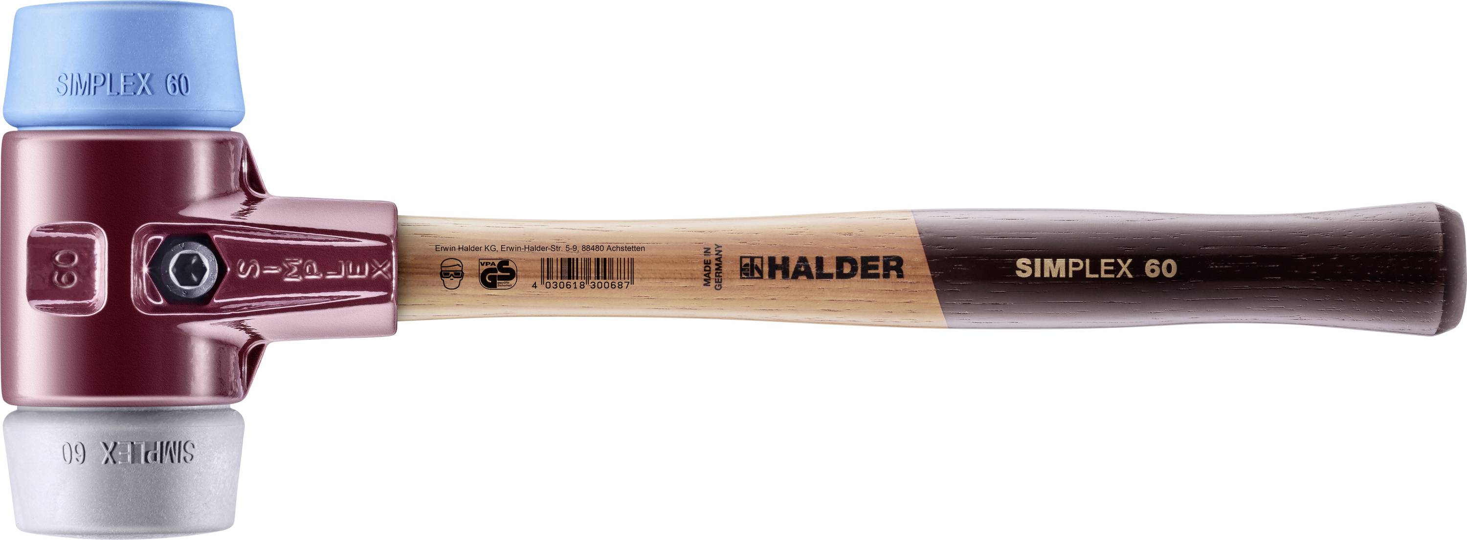 Hamer met een blauwe en grijze slagkop, bruine handgreep en markering 'SIMPLEX 60' van fabrikant 'HALDER'.