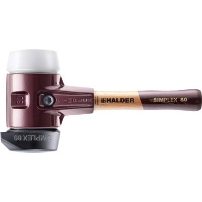 Rubberhamer met houten handgreep en twee verschillende, verwisselbare slagvlakken. Opschrift 'Halder Simplex 80'.