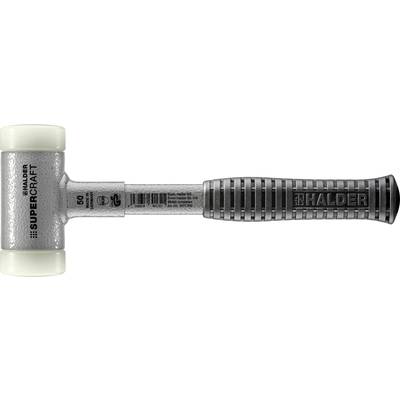 Een Halder Schonhammer met een metalen lichaam en twee witte kunststof slagvlakken. Handgreep met antisliplaag.