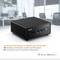 Een zwart CSL-mini-pc-behuizing op een tafel. Tekst: 'Draadloze verbinding via wifi en Bluetooth'. Wifi- en Bluetooth-symbolen onderaan.
