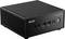 Zwarte mini-pc van het merk ASUS met USB-poorten en aan/uit-knop aan de voorkant. Geschikt voor compacte werkplekken.
