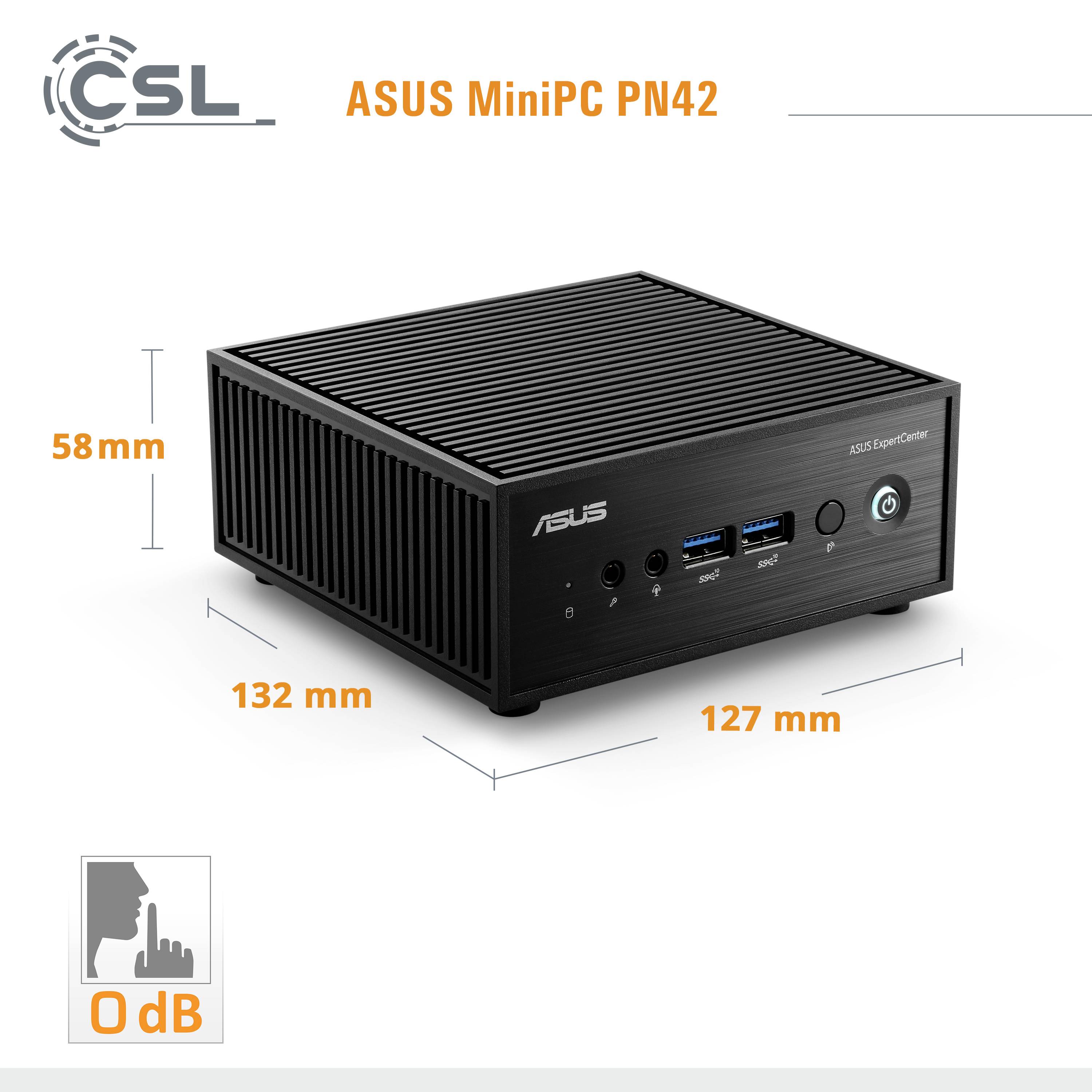 'ASUS MiniPC PN42' op witte achtergrond, toont afmetingen: 58 mm hoogte, 132 mm lengte, 127 mm breedte. Zwarte behuizing, voorkant met USB-poorten.