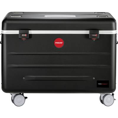 Een zwarte rolkoffer met combinatiesloten, geschikt voor transport of opslag, voorzien van vier stevige wielen.
